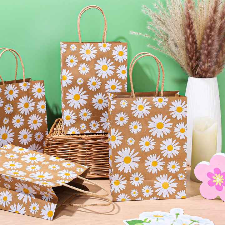 Custom logo Wedding Daisy Flower Birthday Shopping Brown Floral Happy Theme Gift Bag
