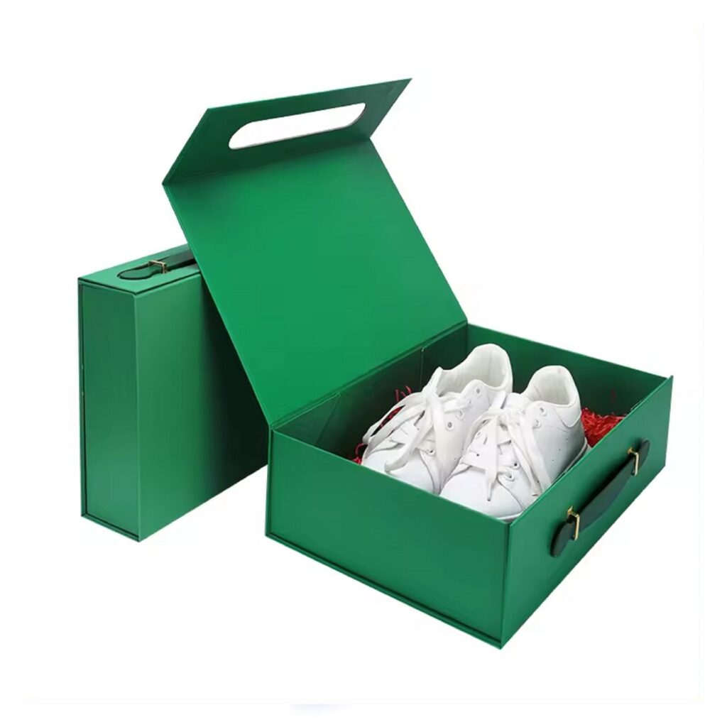 Luxury shoe box packaging green cardboard box with leather handle for sneakers