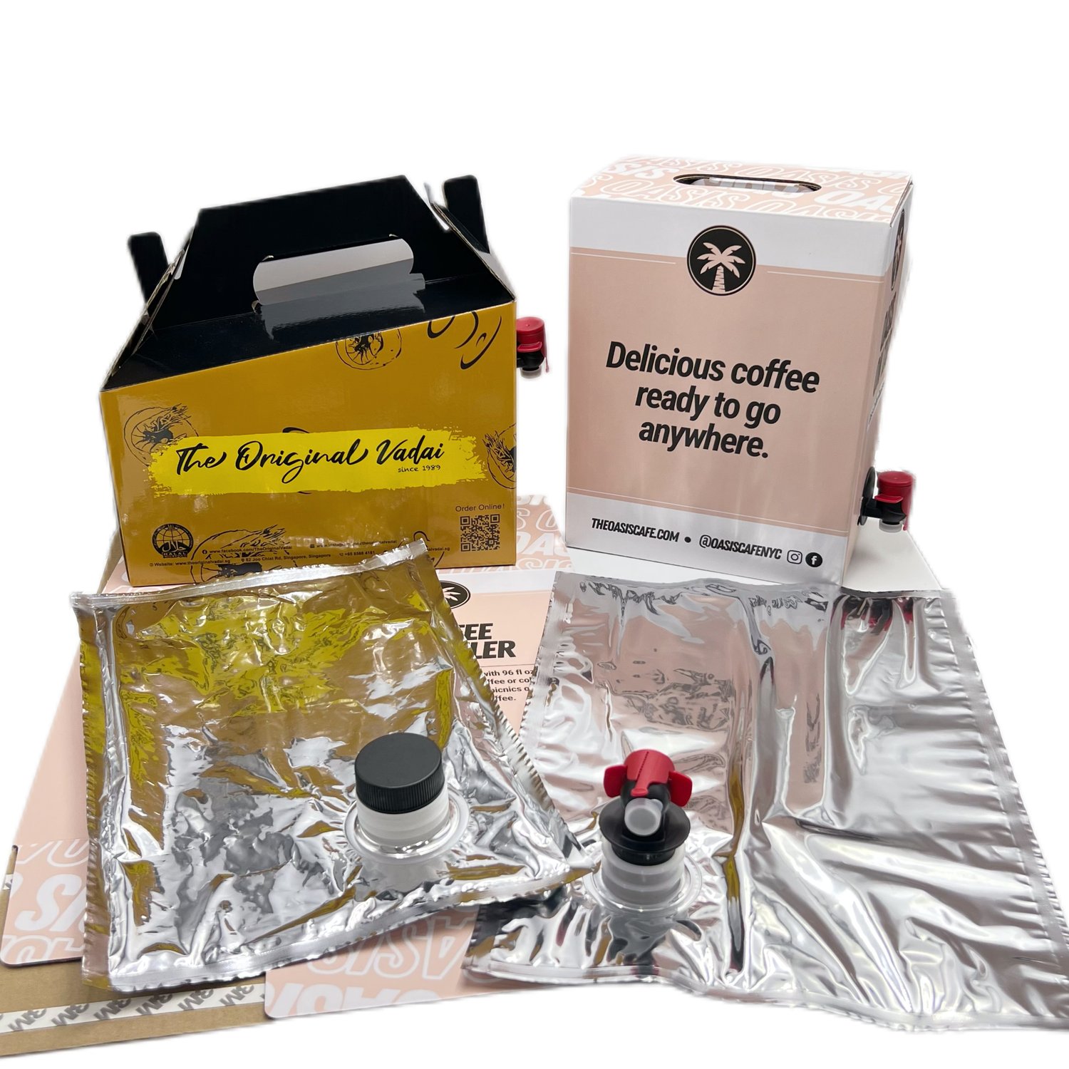 Custom Printed Logo 96/100/128 oz Corrugated Coffee 'To Go' Box Take Away Liquid Packing Bag with Valve Outlet Aluminum Pouch