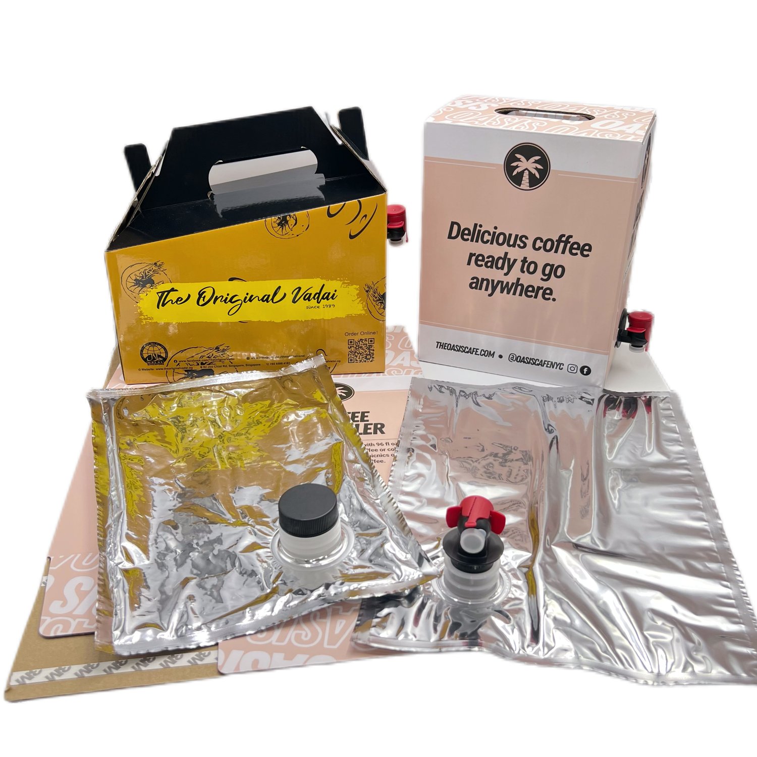 Custom Printed Logo 96/100/128 oz Corrugated Coffee 'To Go' Box Take Away Liquid Packing Bag with Valve Outlet Aluminum Pouch