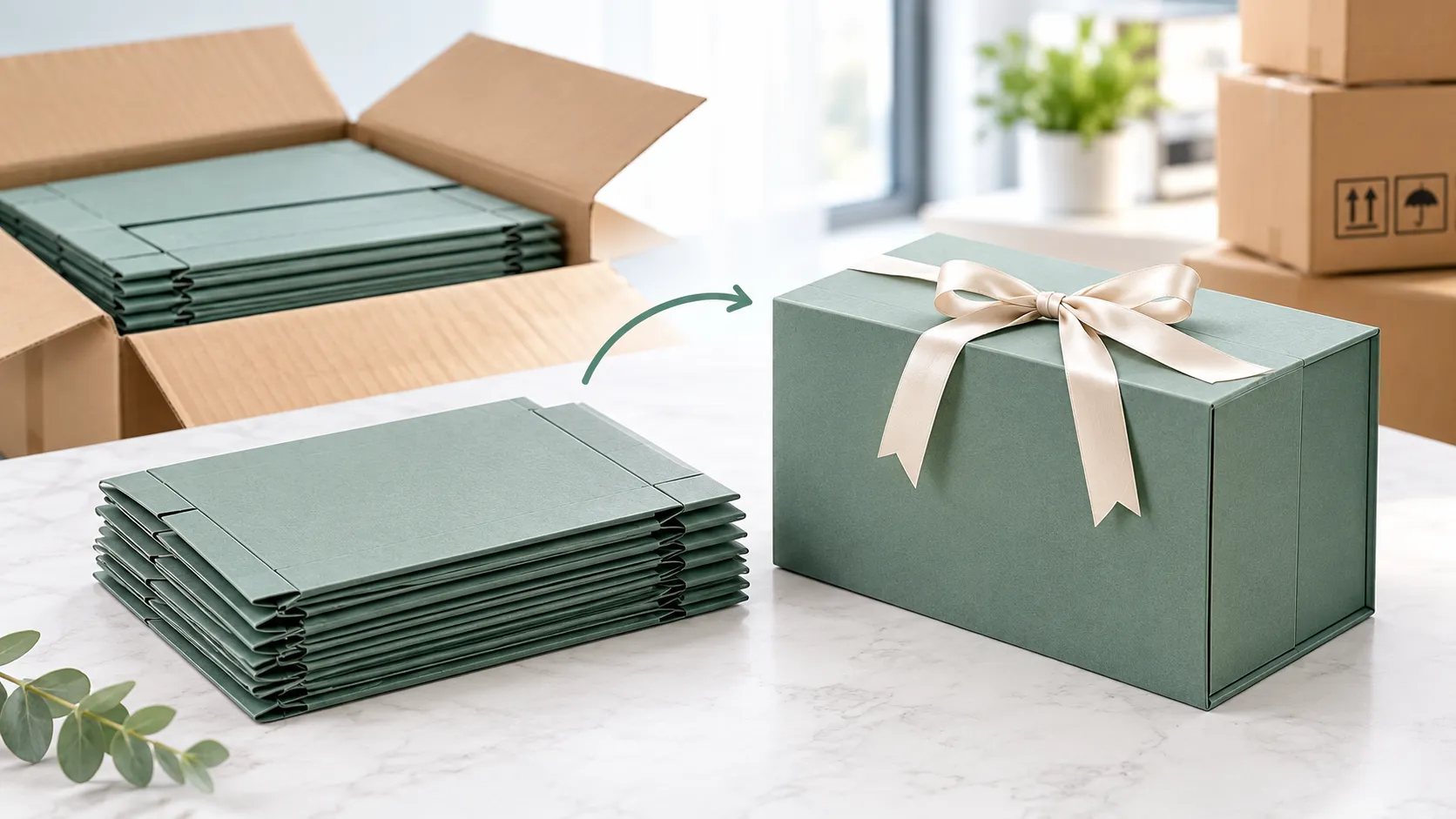 Collapsible gift boxes for shipping with flat-packed boxes and assembled gift box