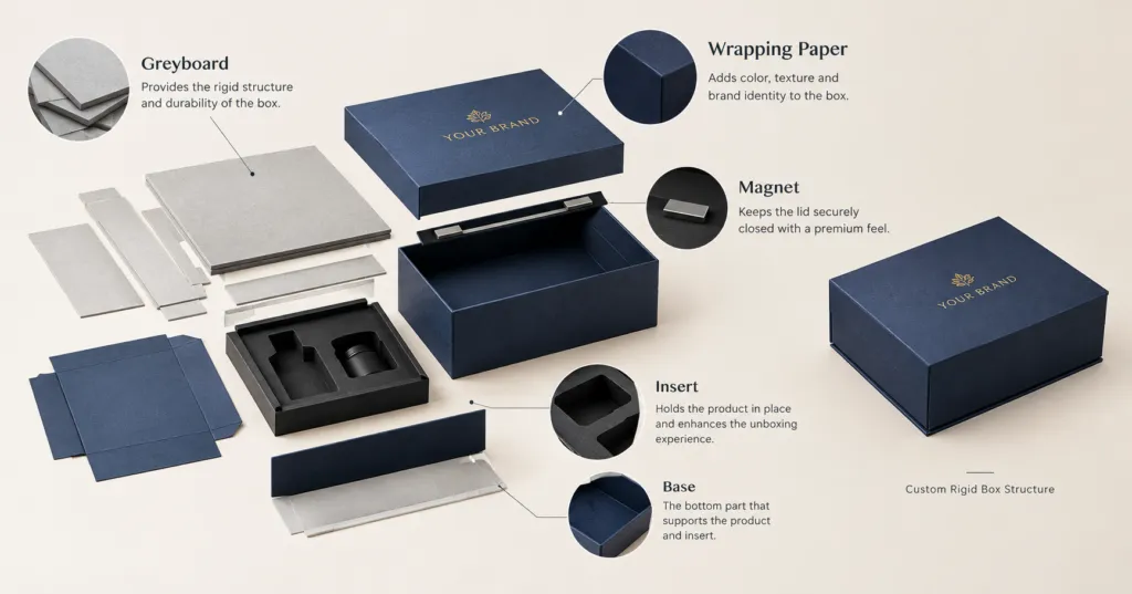 Custom rigid box structure with greyboard, wrapping paper, magnet and insert