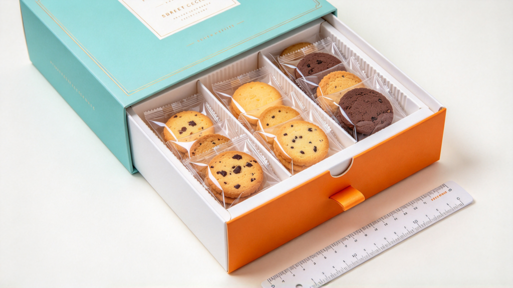 Individually wrapped biscuits arranged in three flavor groups inside a custom gift box