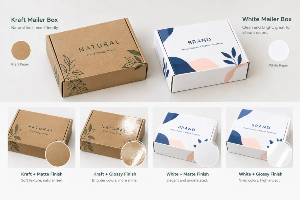 Kraft and white mailer boxes with different printed colors and surface finishes