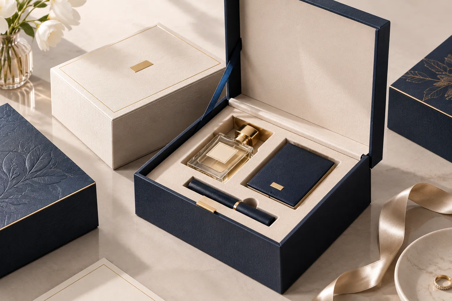 [图片建议：此处放置一张 Luxury Rigid Boxes 高端定制硬盒场景图，以打开的盒体和定制内托为视觉重点，突出高端包装的结构与质感。alt文本：Luxury Rigid Boxes with custom inserts
