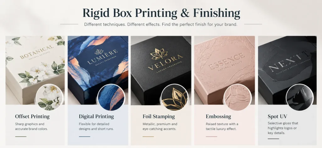 Rigid box printing and finishing techniques including offset, digital, foil stamping, embossing and spot UV