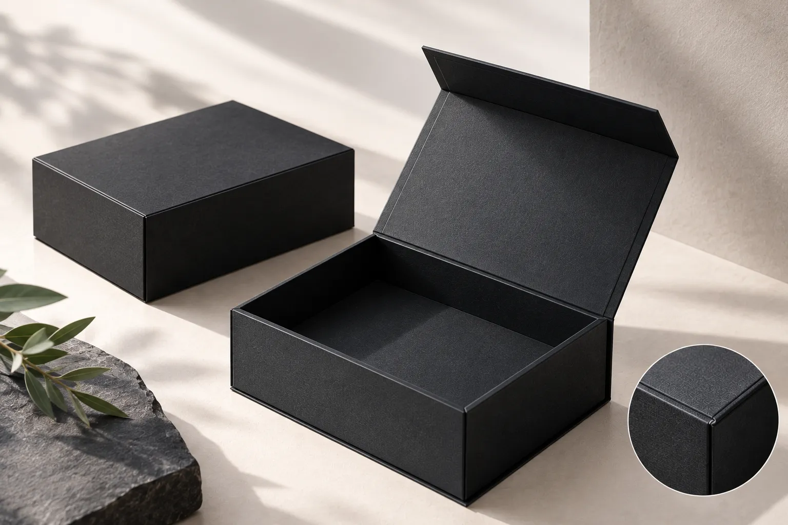 black collapsible rigid box structure and fold line detail