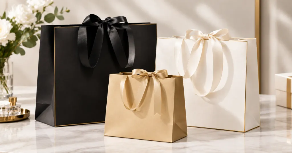 Black white and gold gift bag with ribbon handle