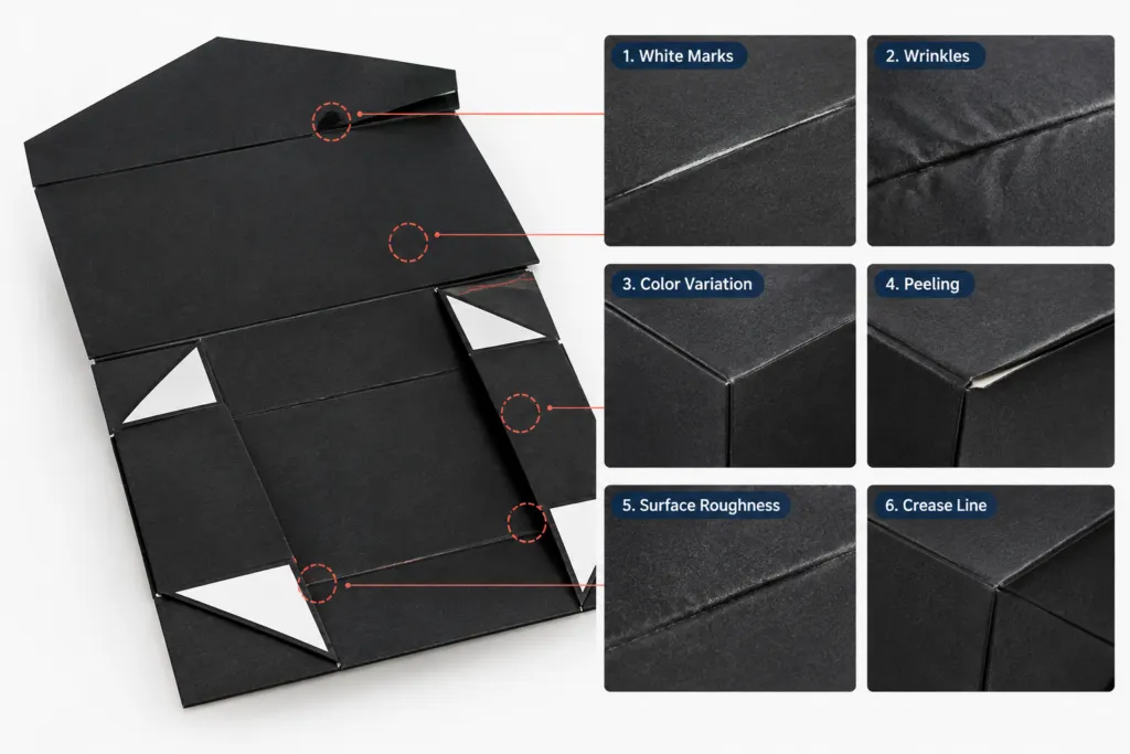 collapsible rigid box fold-line surface defects