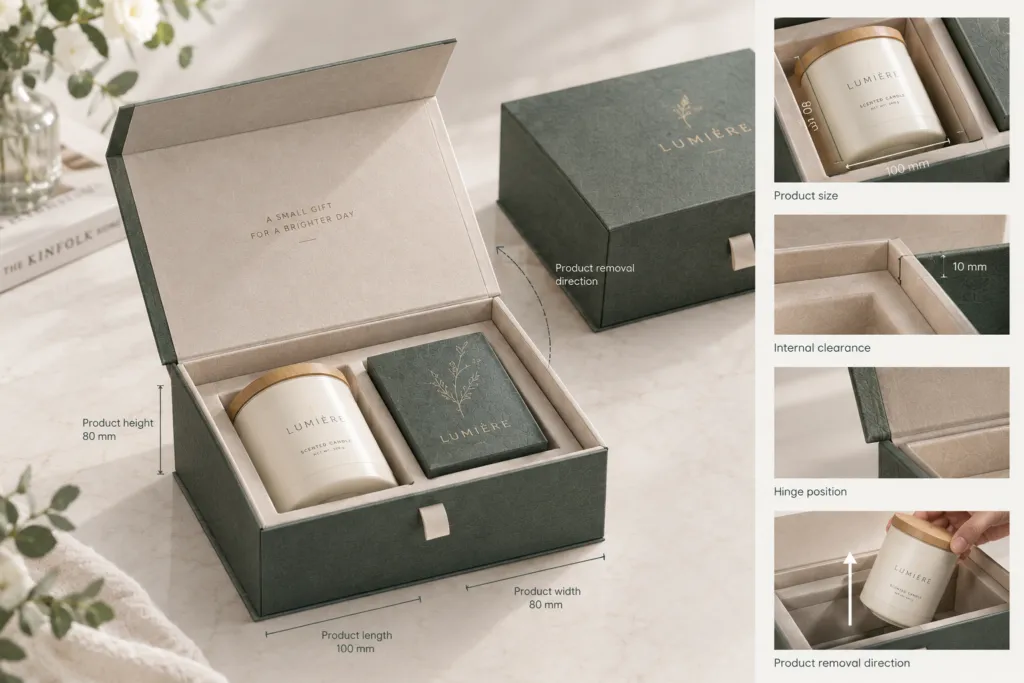 custom hinged gift box internal dimensions and product fit
