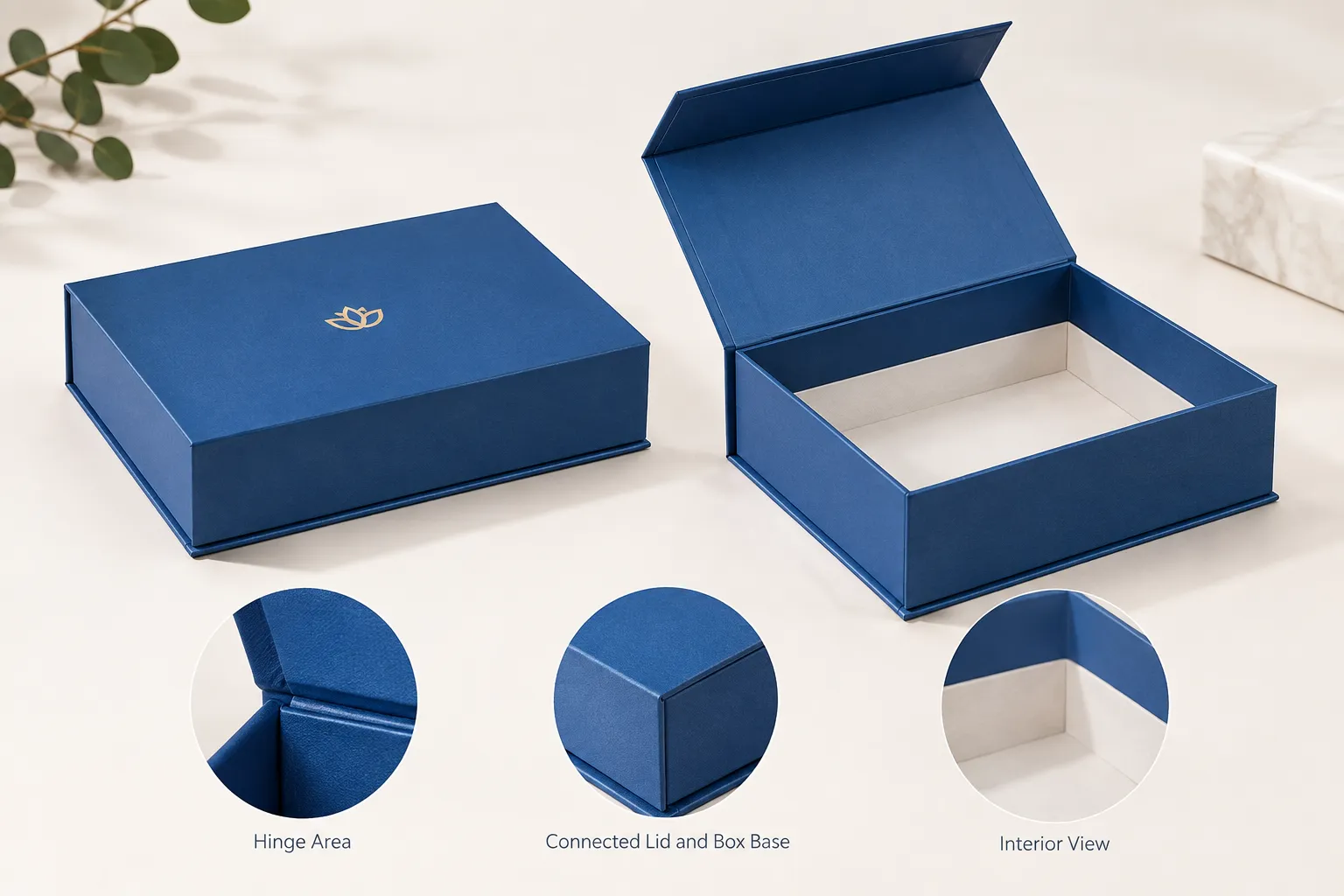 custom hinged gift box structure with connected lid