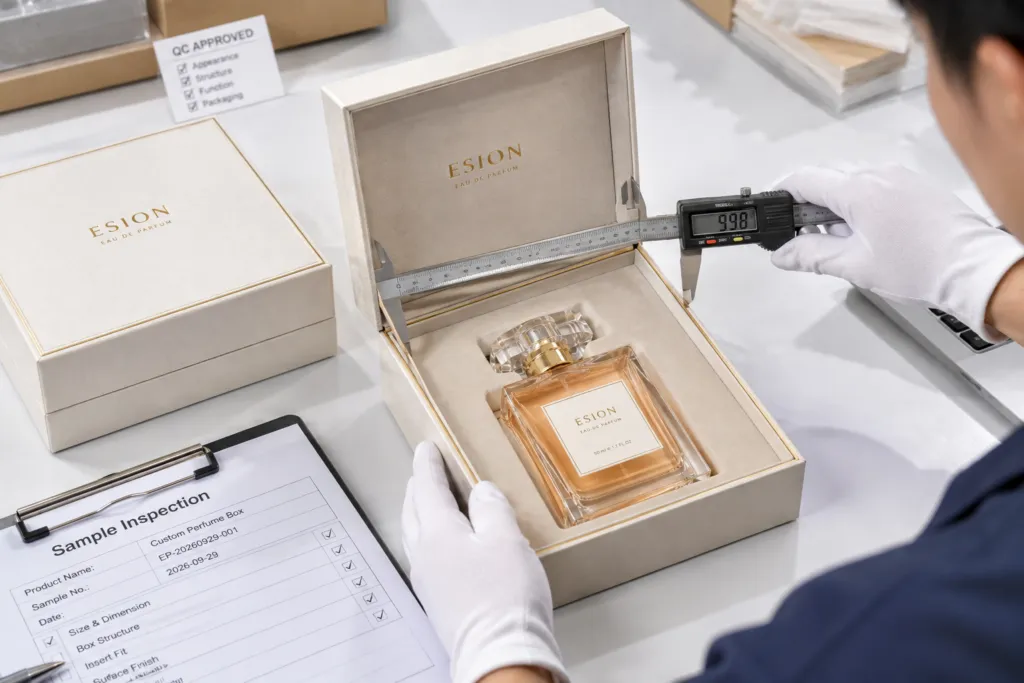 custom perfume box sample inspection and fit check