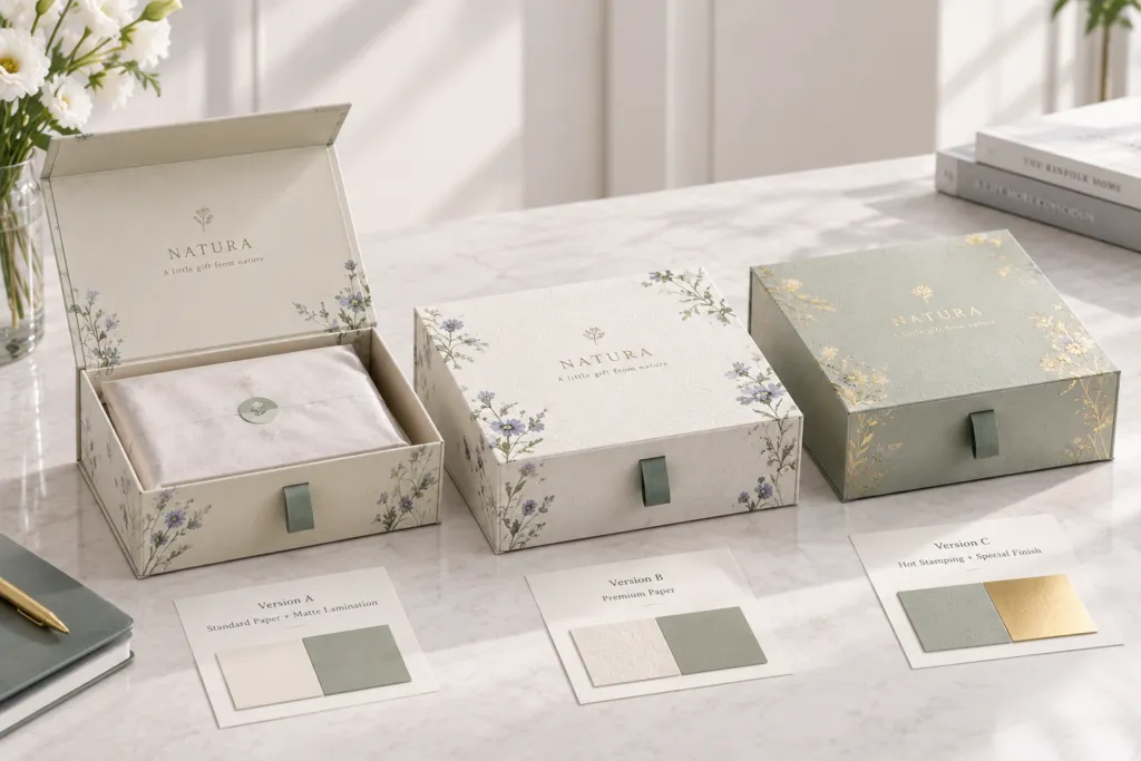 custom presentation box samples with different finishes for quote comparison