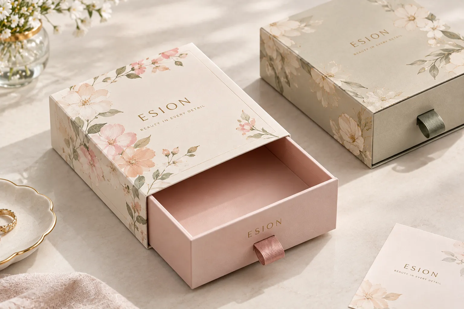 drawer box customization with contrasting sleeve and drawer design
