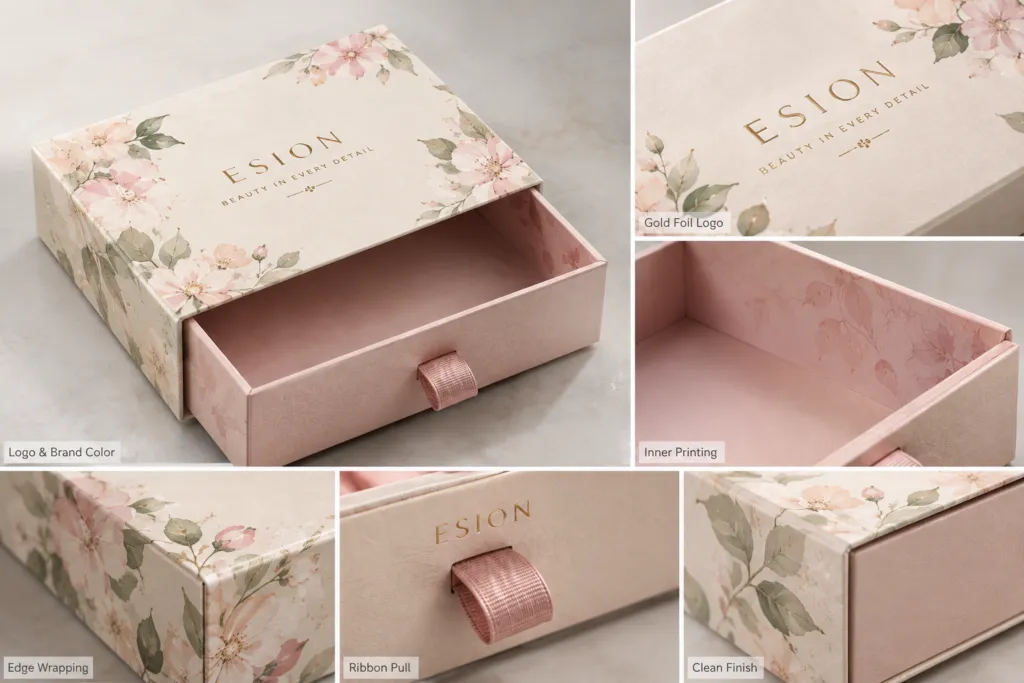 drawer box printing logo color and edge wrapping detail