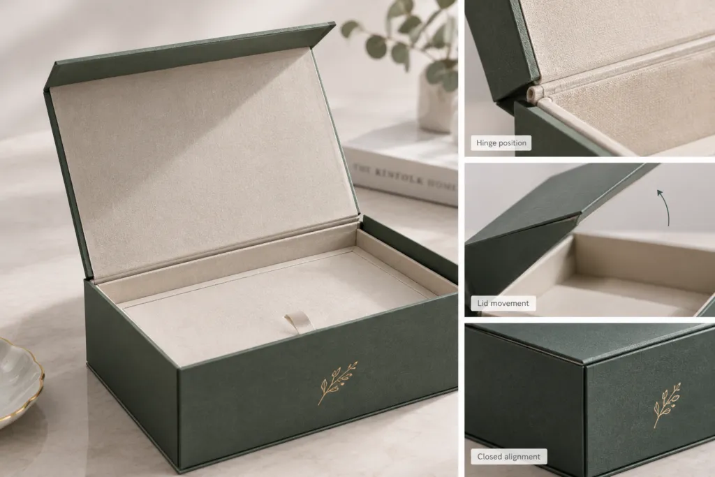 hinged gift box hinge position and lid alignment