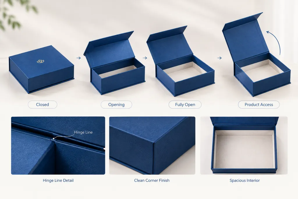 hinged gift box opening movement and hinge line