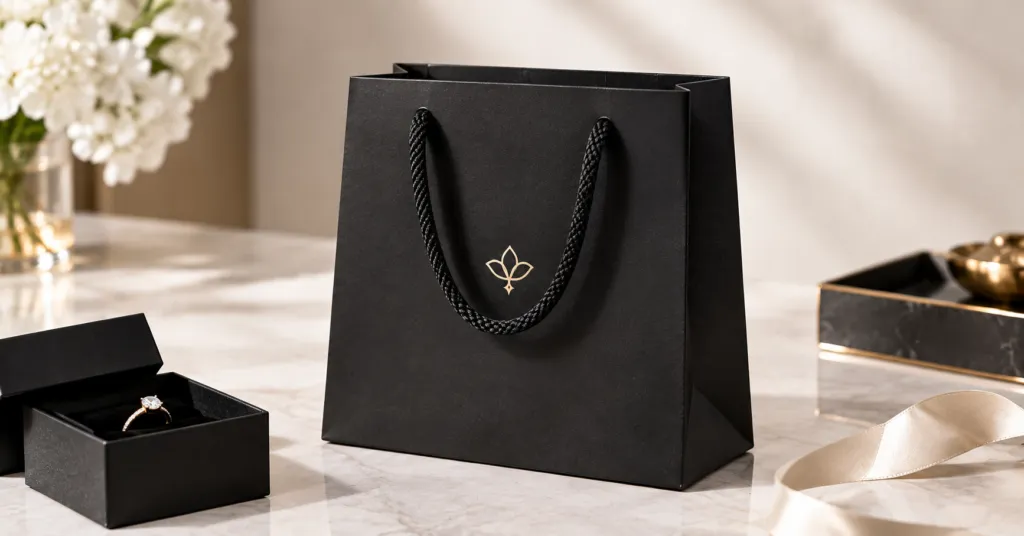 Matt black kraft paper jewelry bag with custom logo