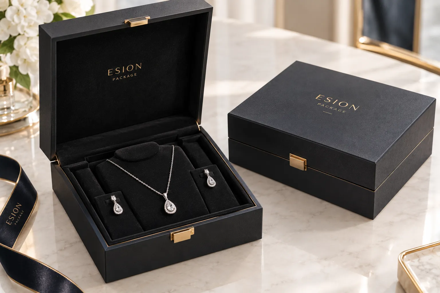open jewelry gift box with fitted insert and jewelry presentation