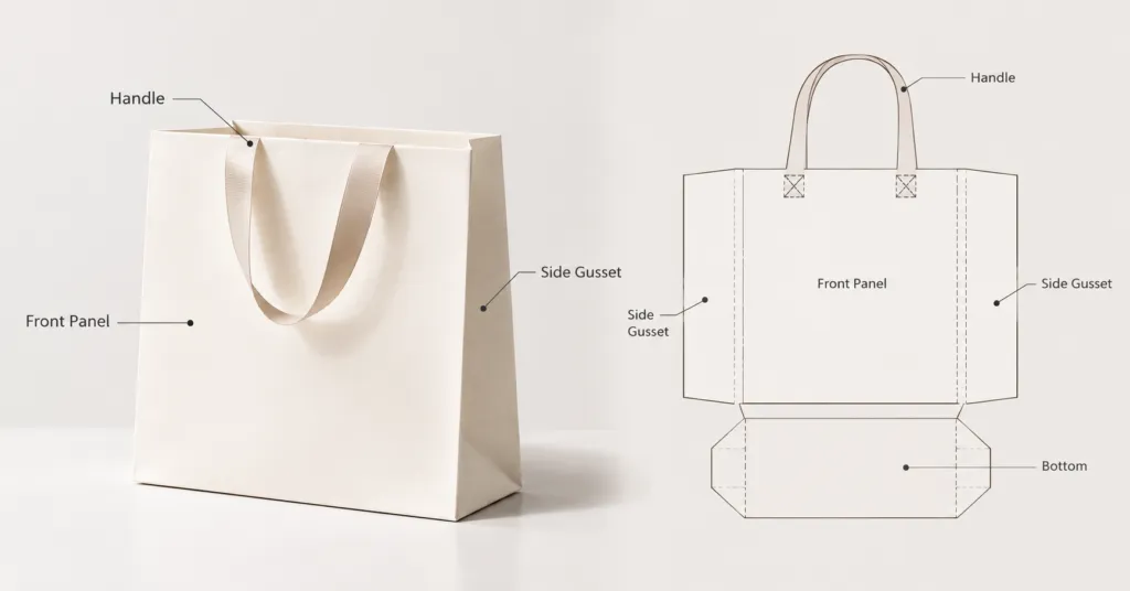 Paper bag structure showing front panel gusset and handle