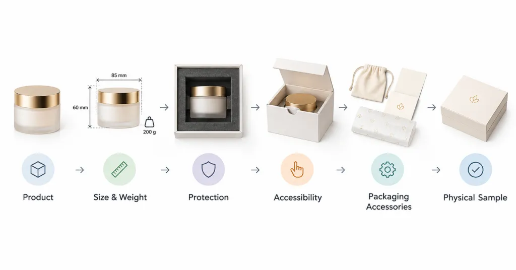 Product → Size & Weight → Protection → Accessibility → Packaging Accessories → Physical Sample