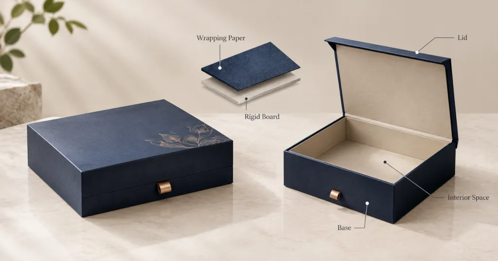setup box structure showing rigid board lid base and interior space