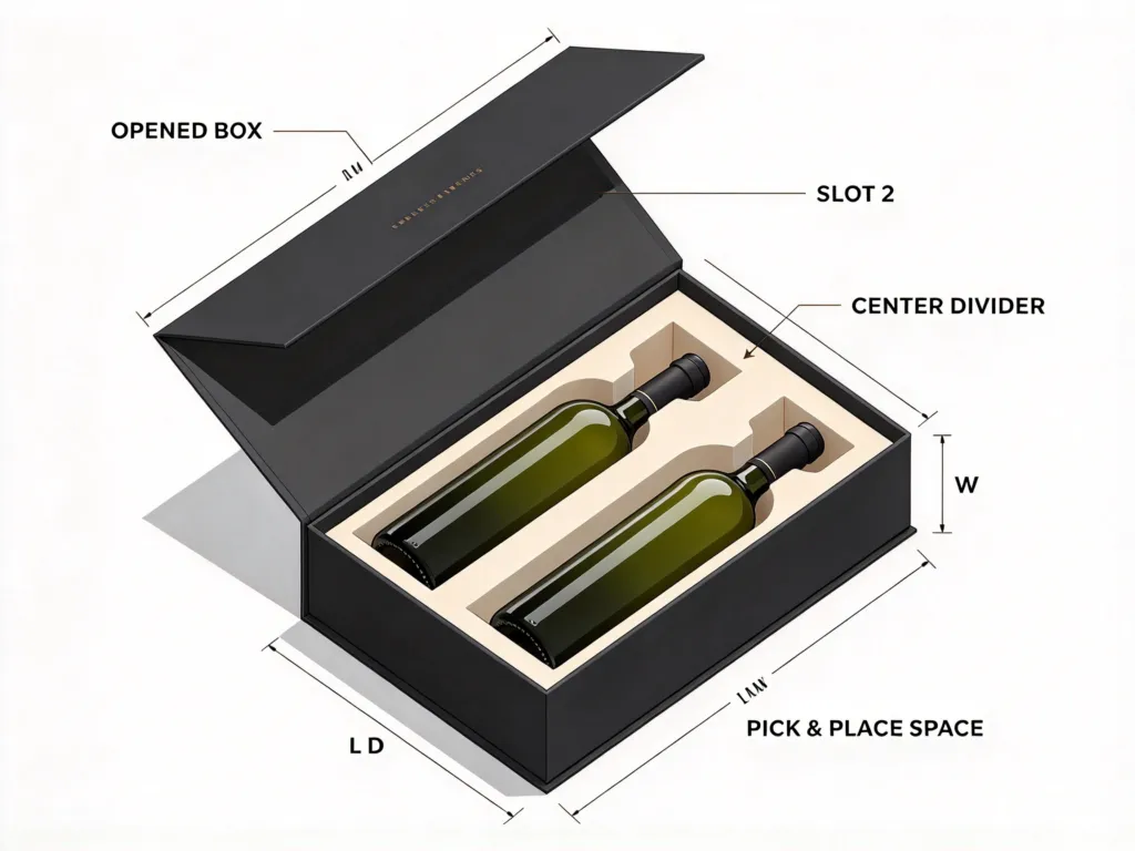 2 bottle wine box with fitted insert and center divider