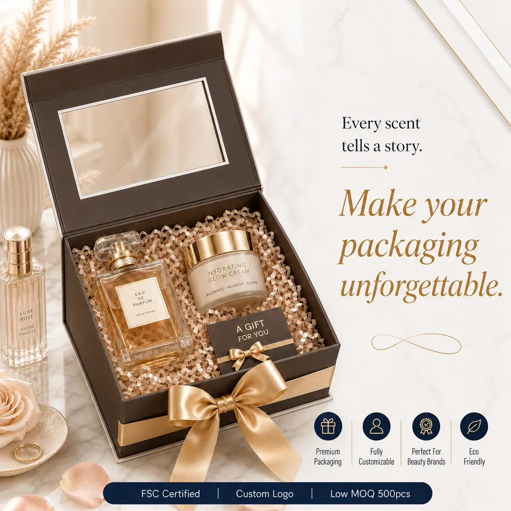 Custom Logo Rigid Cardboard Box With PVC Window & Ribbon Cosmetic Perfume Luxury Folding Rigid Magnetic Gift Box