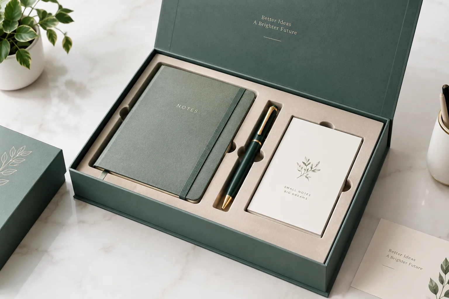 Custom stationery gift box with fitted compartments for notebooks, pens, and cards