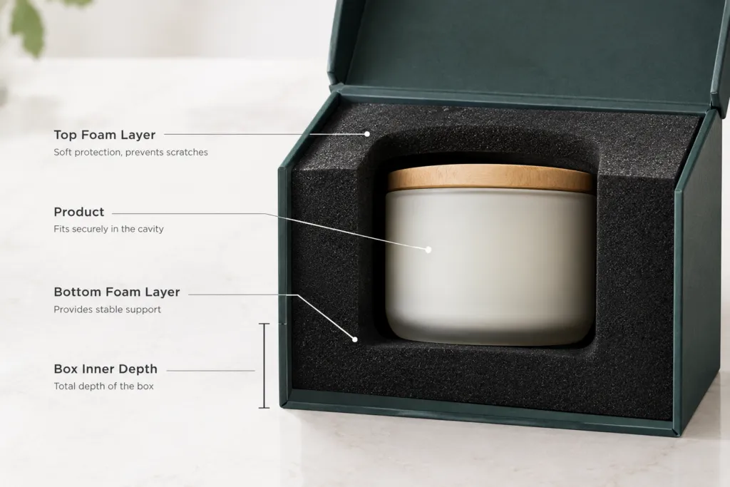 Foam insert cross-section showing base foam, product and top layer inside the box