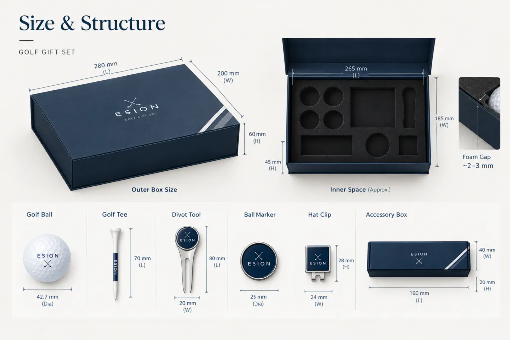 Golf gift box dimensions and custom insert measurements