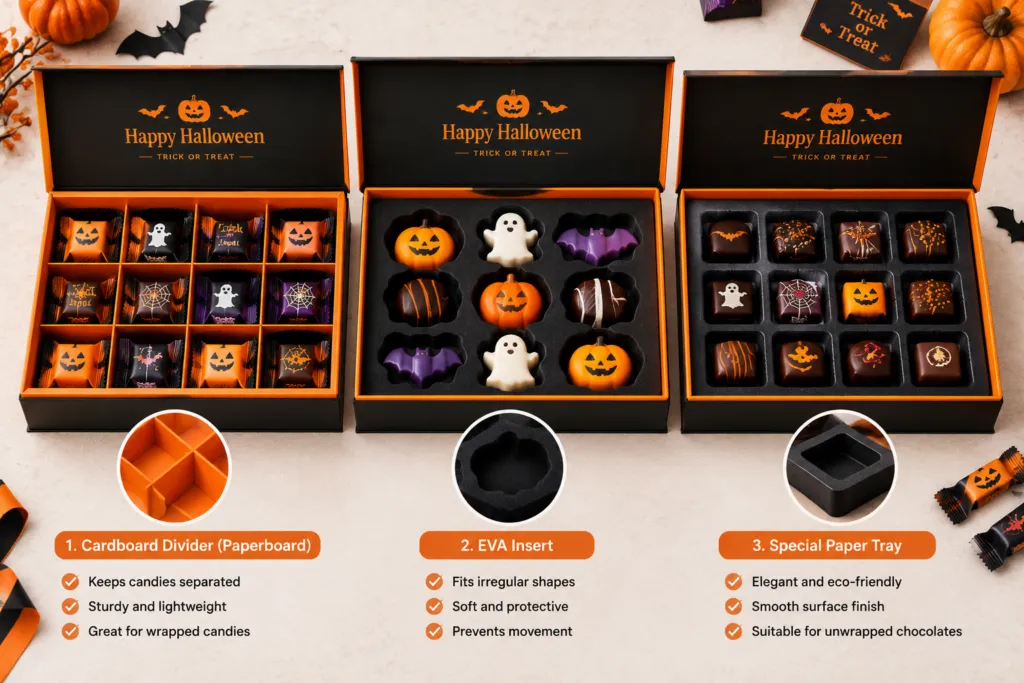 Halloween candy box inserts compared, paperboard dividers, EVA cavity tray and special paper tray holding candy