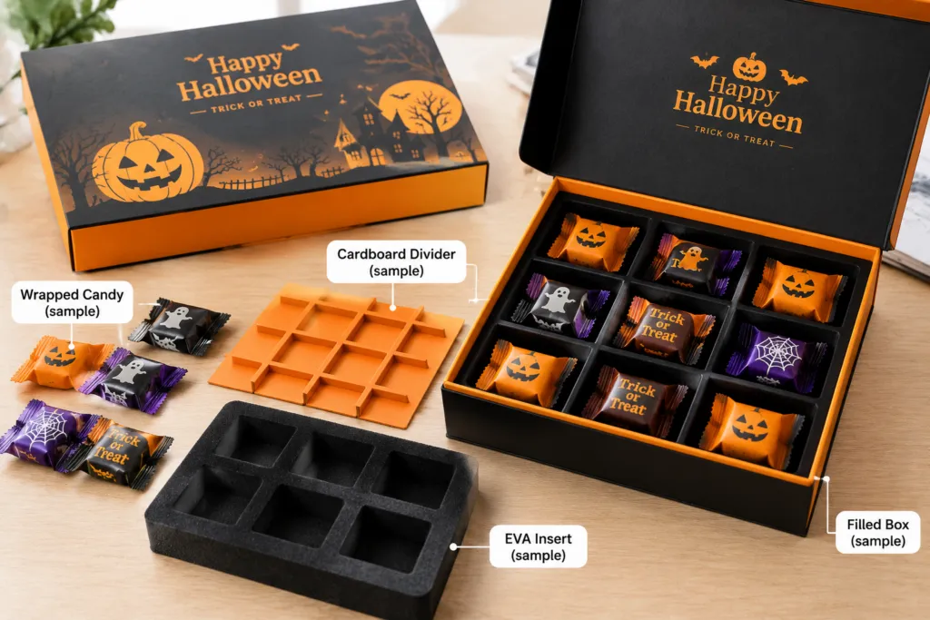 Halloween candy box sample being tested with wrapped candy and fitted insert