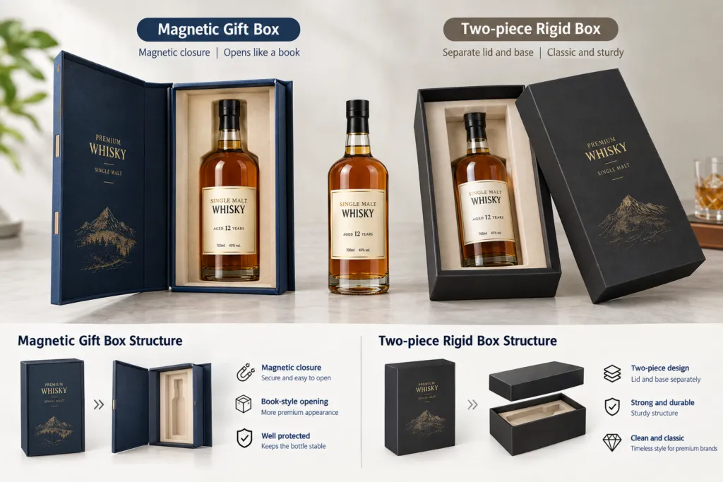 Magnetic closure and two-piece rigid whiskey gift boxes compared with fitted bottle inserts