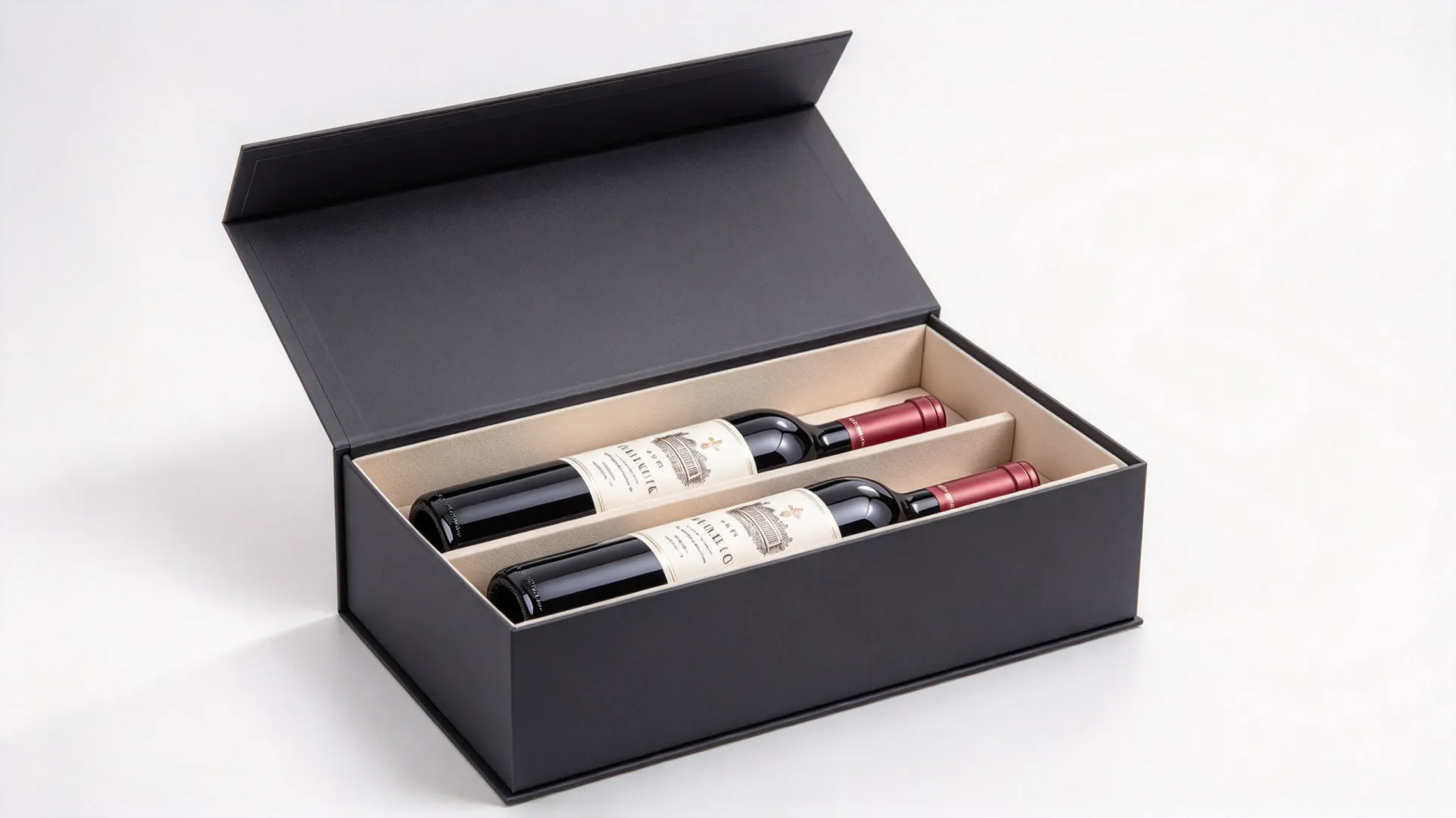 Magnetic wine box for 2 bottles, horizontal arrangement with divider