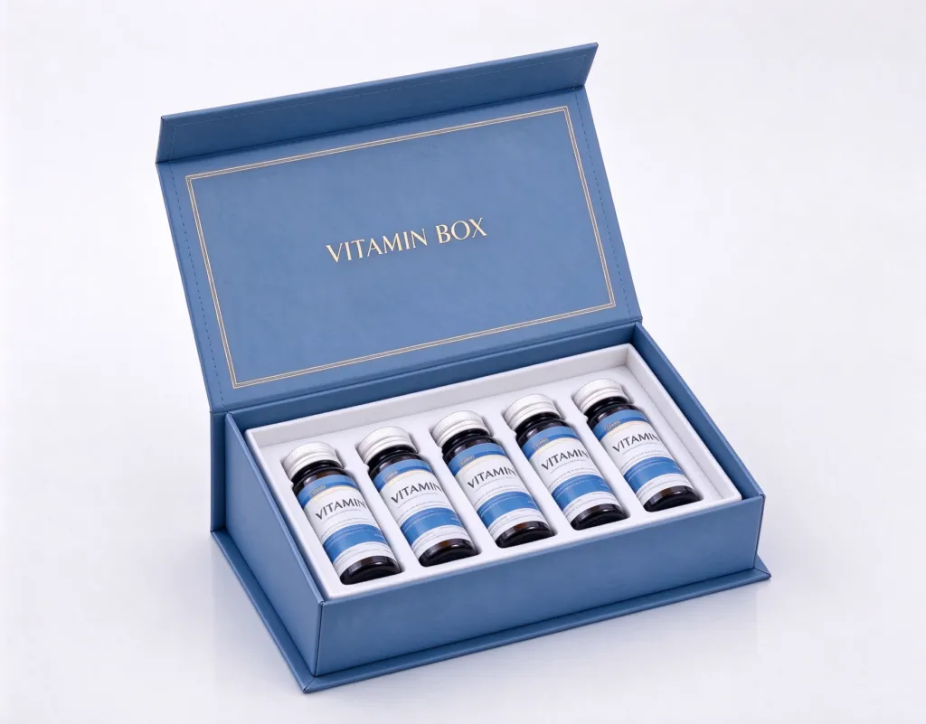 Open vitamin gift box showing multiple bottles in a fitted paperboard insert