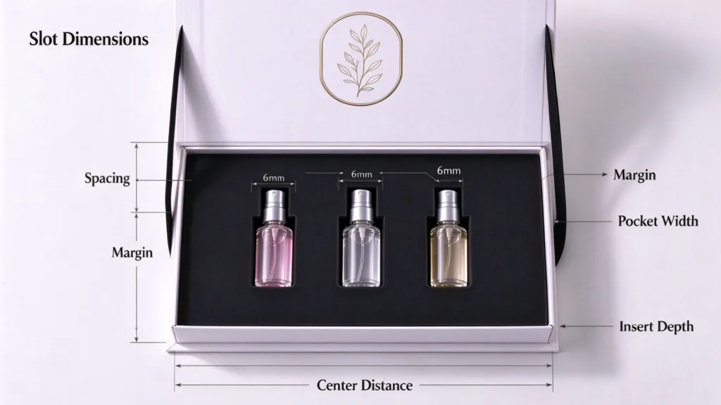 perfume set insert layout with vial slots and spacing