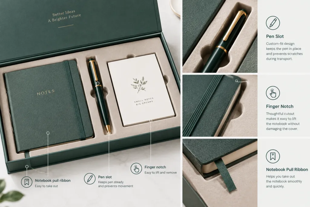 Stationery gift box insert detail showing pen slot and notebook finger notch