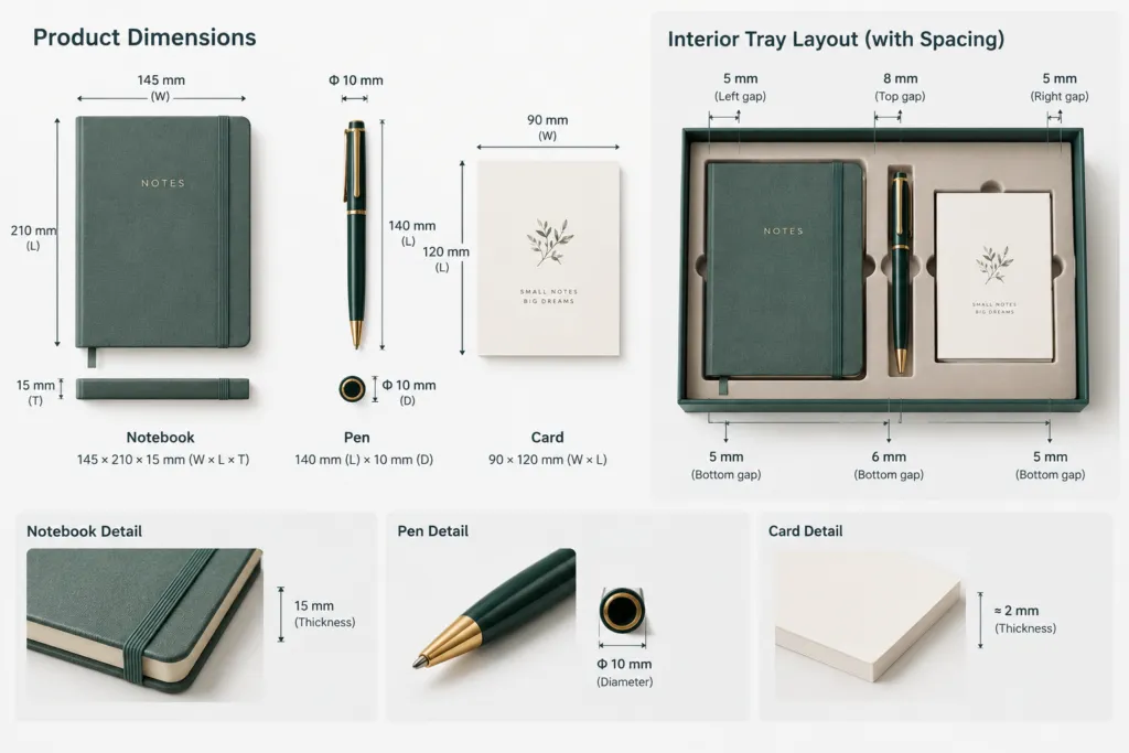 Stationery measurement diagram for notebook thickness and pen length before box sizing