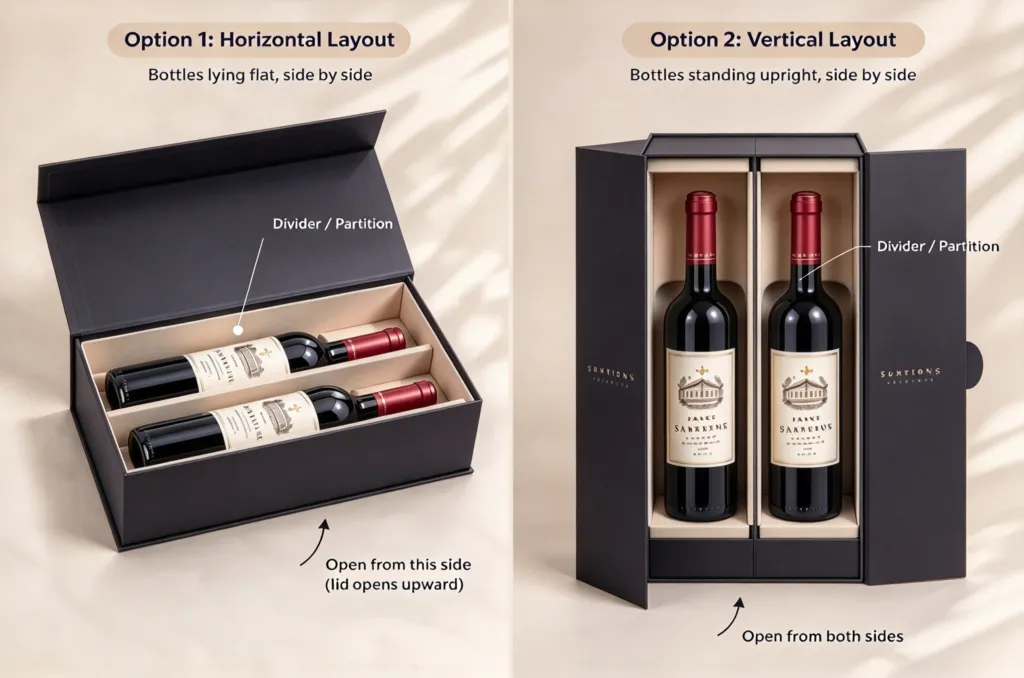 Two options of dual wine gift box, horizontal & vertical layout