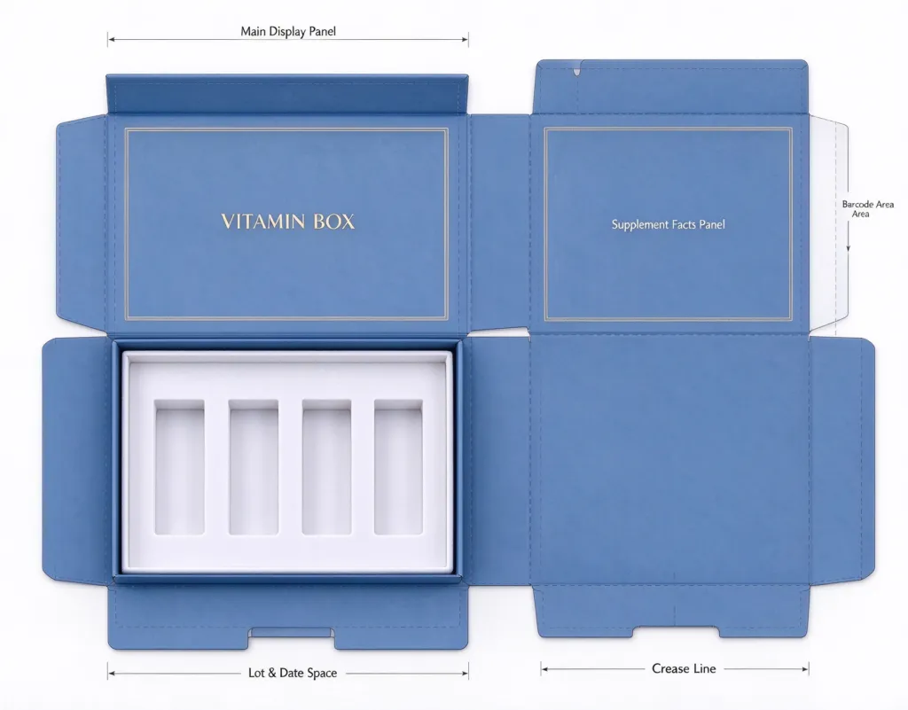 Vitamin box dieline showing front panel, supplement facts panel, barcode area and lot code space
