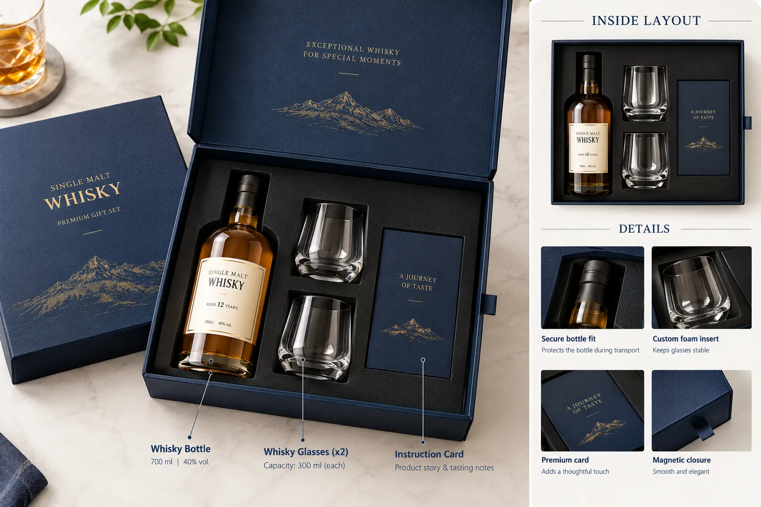Custom Whiskey Gift Box: Bottle Fit, Gift Set Layout & Sample Checks