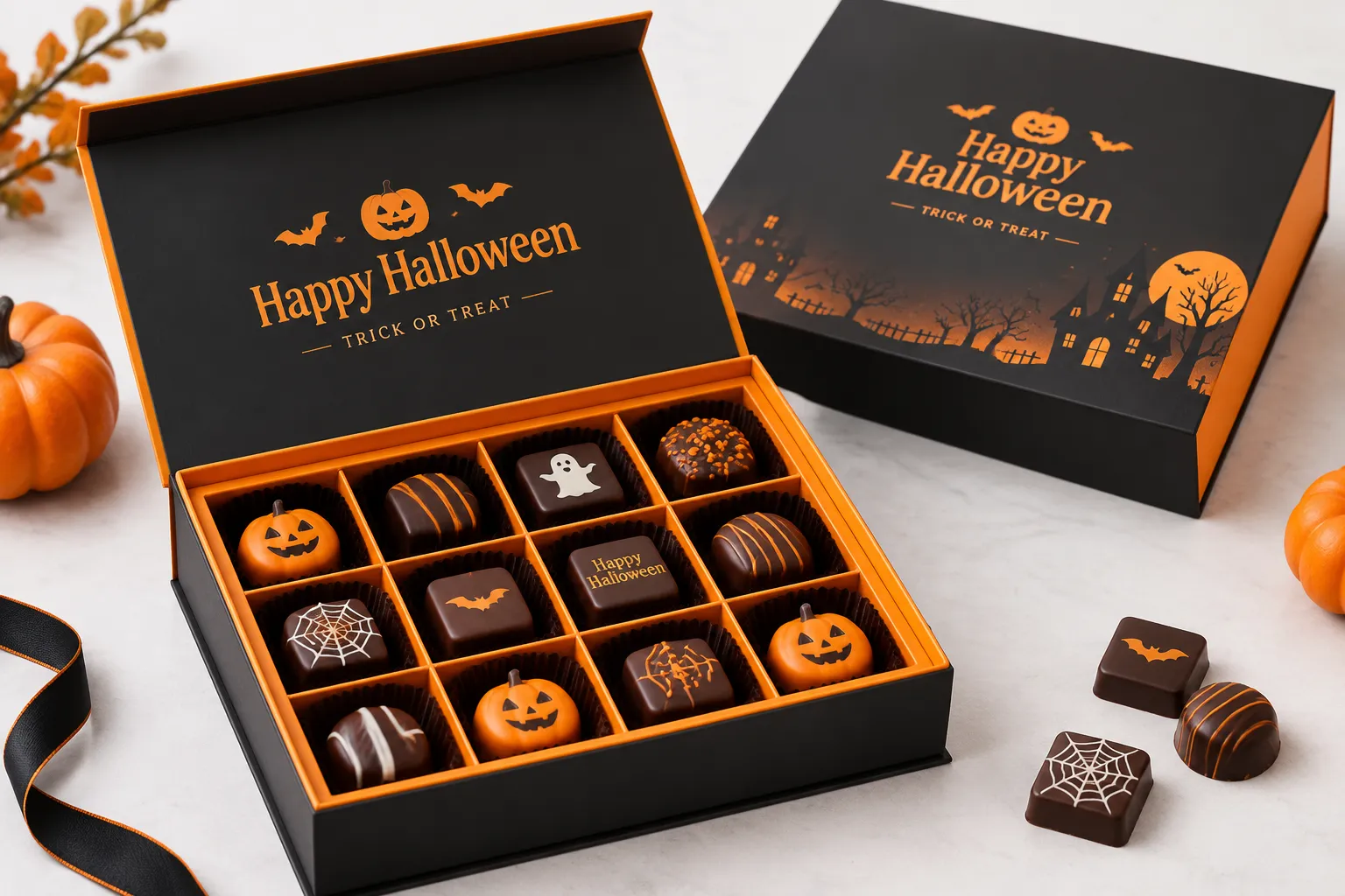 custom Halloween candy box with organized chocolate assortment and branded rigid packaging
