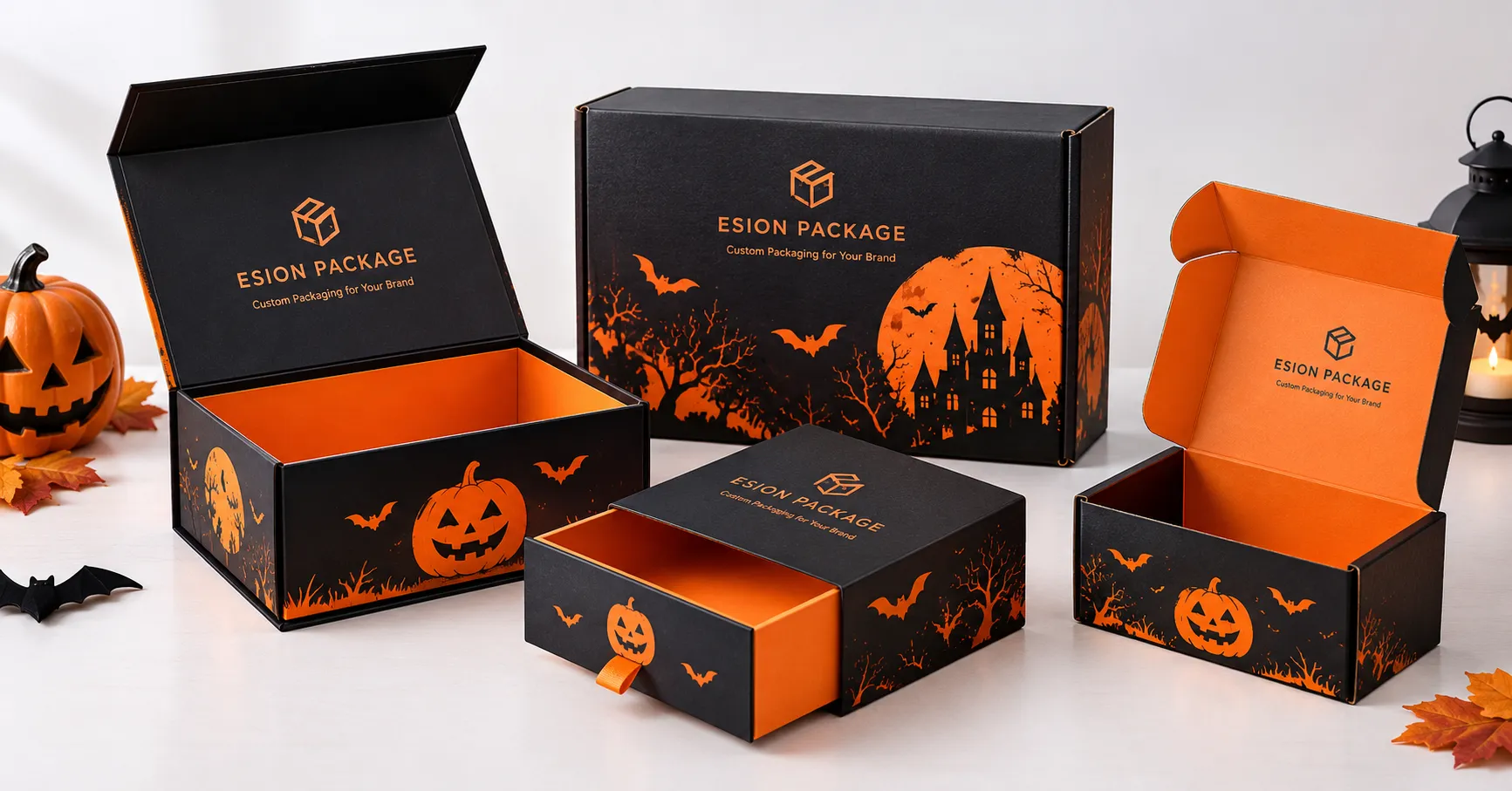 custom Halloween gift boxes in black and orange rigid, drawer and mailer styles