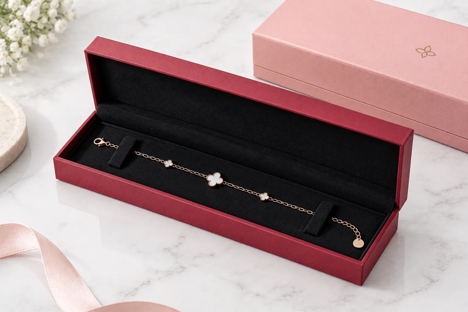 custom bracelet box open with chain bracelet fixed in slotted insert