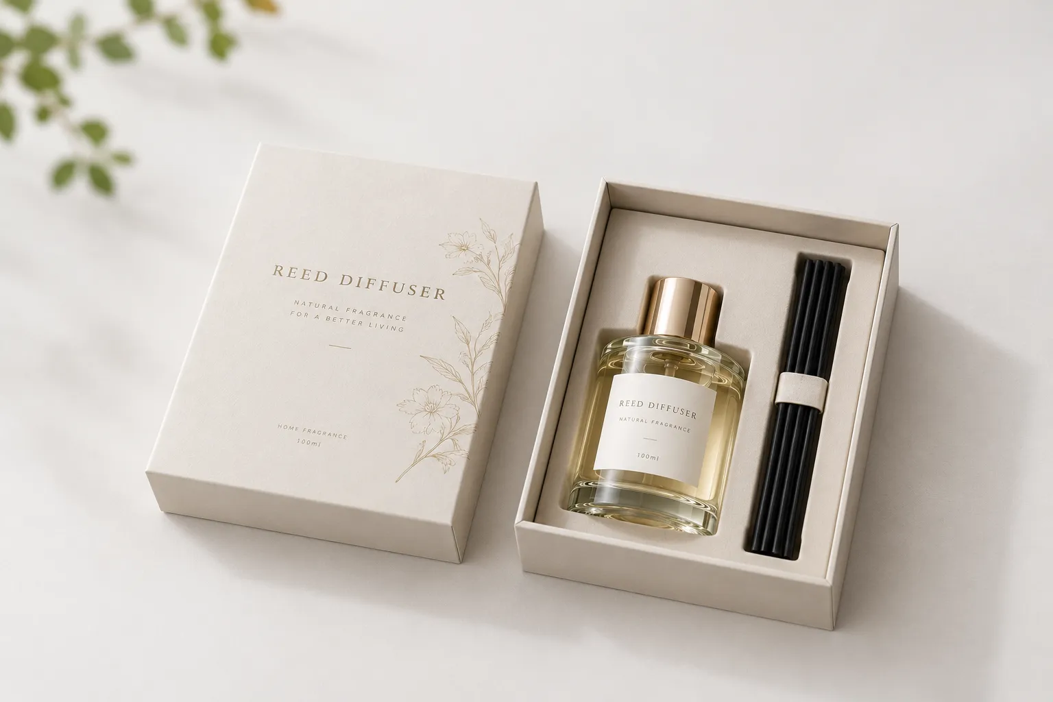 custom diffuser box packaging with fitted insert for reed diffuser bottle and sticks