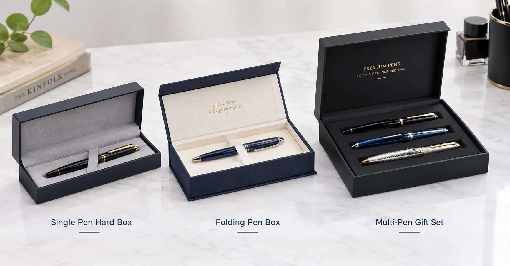 custom fountain pen box structures for single pen and multi pen packaging