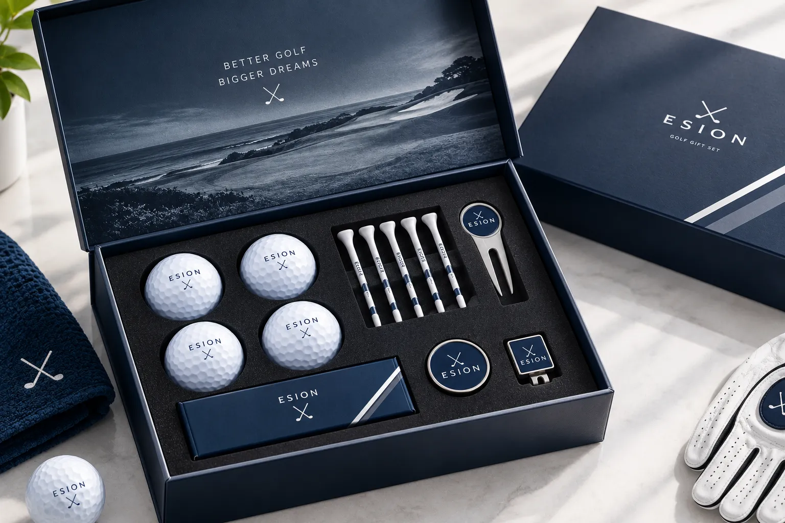 Custom golf gift box with golf balls, tees, and branded accessories