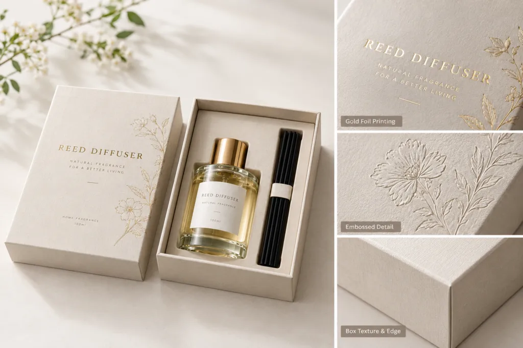 custom reed diffuser packaging boxes with branded printing and premium finishes