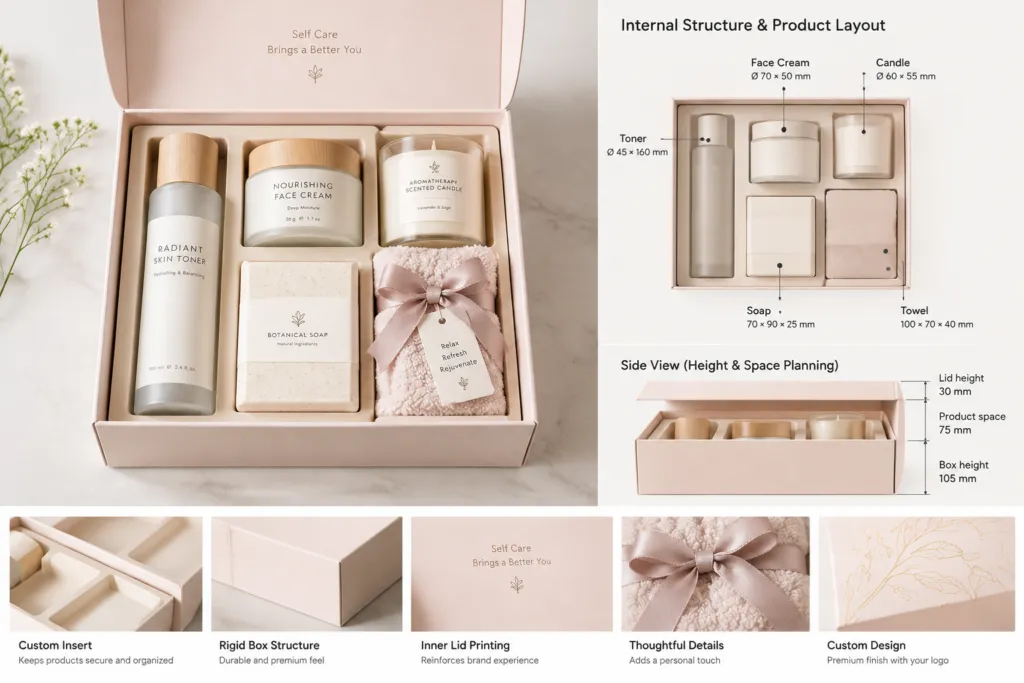 custom self care gift box with internal product arrangement